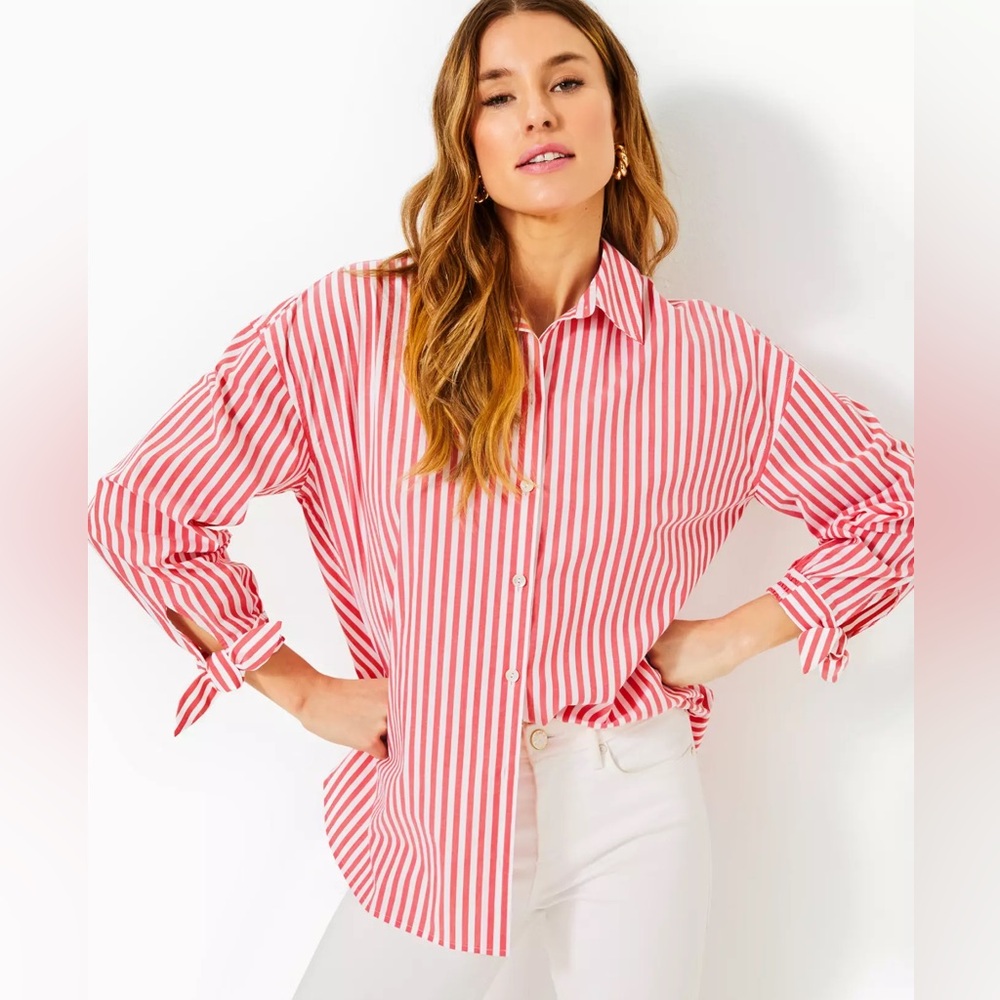 NWT Lilly Pulitzer Lesia Relaxed Button Down Shirt Rococo Red Cabana Stripe.  24